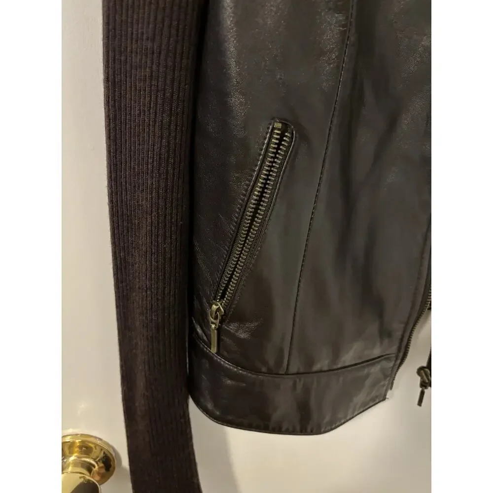 Cache Brown Leather Jacket Ribbed Knit Sleeves Boho Feminine Size L - Picture 3 of 6